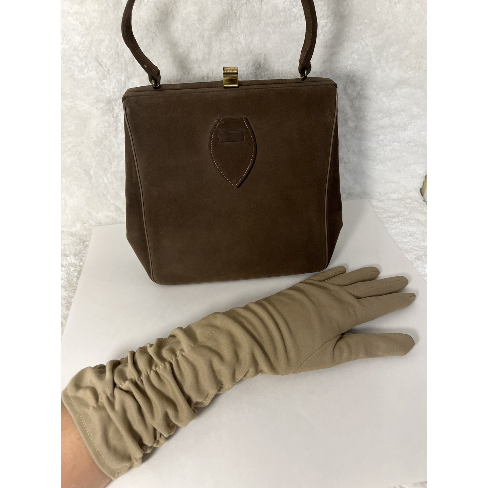 Vintage Parisstyle Brand Brown Box Purse Matching Gloves Mid Century Handbag Set